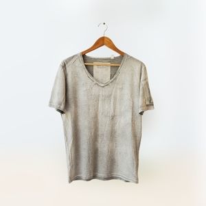 Diesel Light Grey Coated Cotton Worn Distressed Look Short Sleeve V-neck T-Shirt